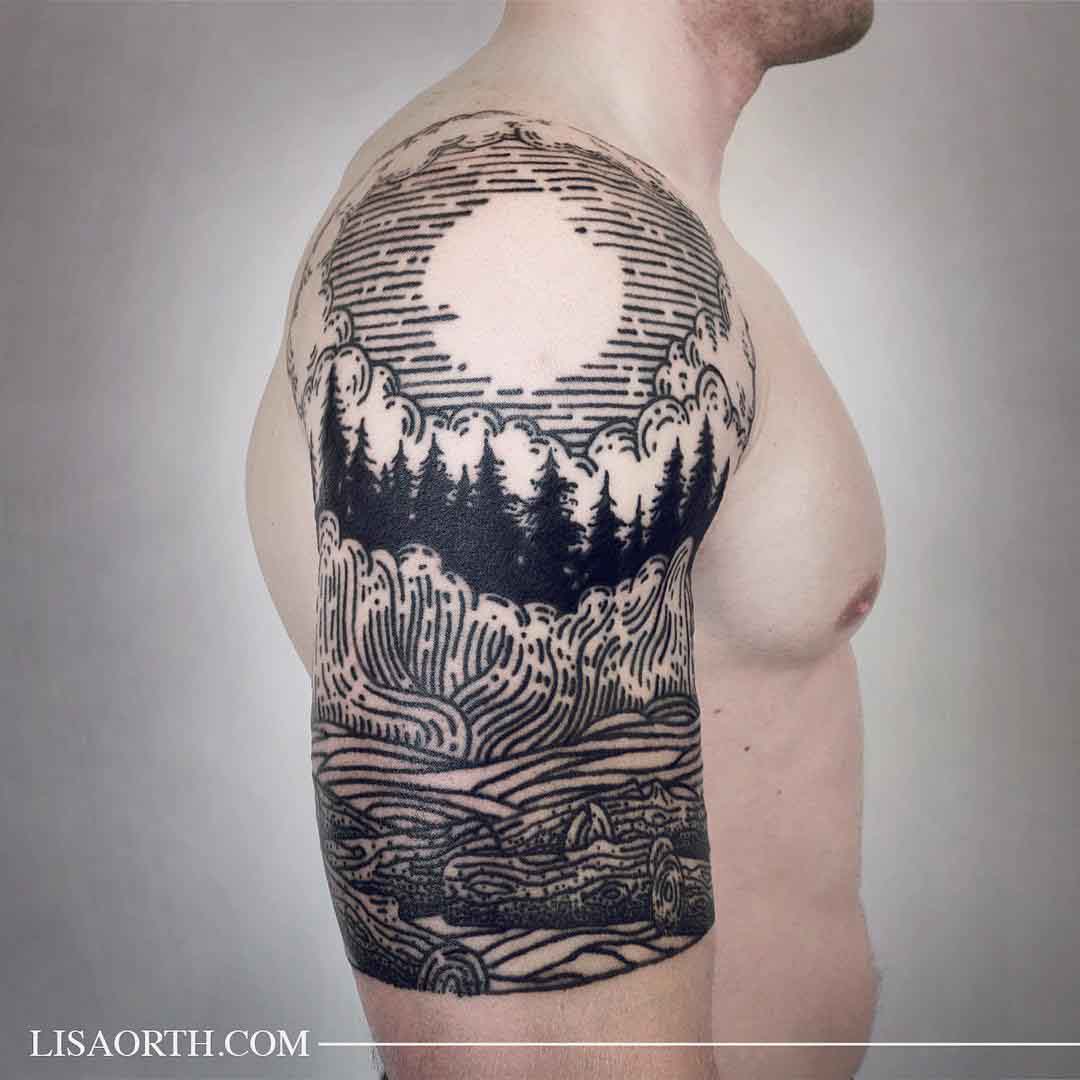 Etching Tattoo Landscape by lisaorth